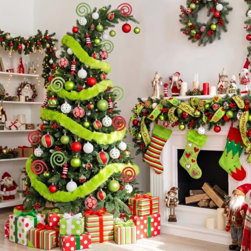 Christmas Decorations 92 Pcs Red Green White Ornaments Set with Glitter & Faux Fur Ribbon