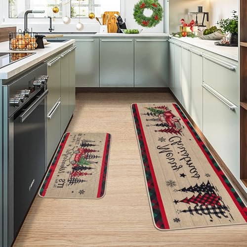 Christmas Kitchen Mats Set of 2 - Truck & Tree Runner Rugs, Brown
