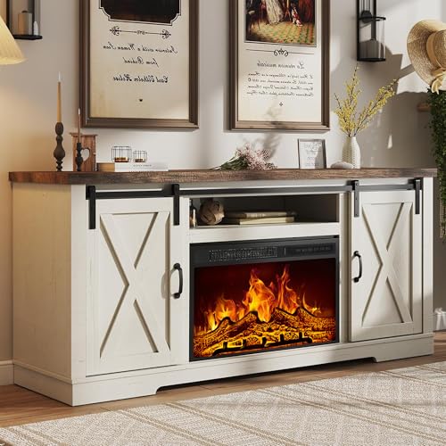 59-Inch Farmhouse Fireplace TV Stand with Sliding Barn Doors for 65-Inch TVs