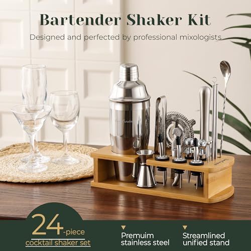 HomeCurated 24-Piece Cocktail Shaker Set with Stand & Accessories — Professional Bartender Kit for Home Bar, Silver
