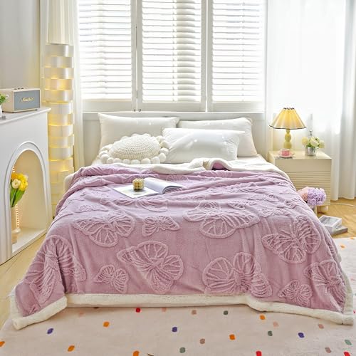 UKELER 80x90 Inch Sherpa Blanket Butterfly Coral Fleece Throw, Ultra Soft Plush Purple