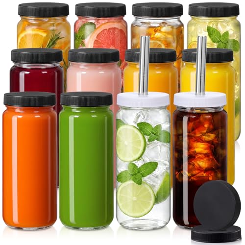 12 Pack 16oz Glass Juice Bottles with Airtight Lids and Reusable Straws