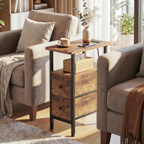 Narrow End Table with Charging Station & Fabric Drawers - Rustic Brown