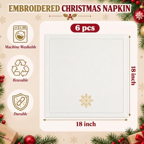 CrystalSylara 6-Pack Snowflake Embroidered Linen Napkins 18x18 inches — Festive Christmas Table Decor