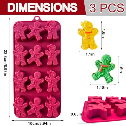 3Pcs Gingerbread Man Silicone Molds for Christmas Baking & Crafts