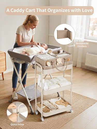 3-Tier Baby Diaper Caddy Rolling Cart with Removable Dividers, Taupe