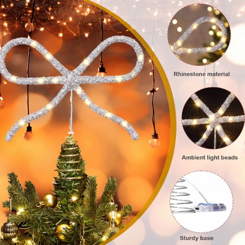 Retisee Silver 9.8 Inch Bow Christmas Tree Topper with LED Rhinestones