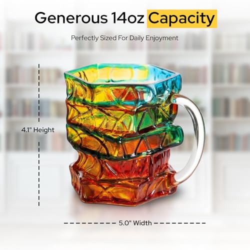 3D Stained Glass Book Mug 14oz – Thick Glass Coffee Tea Cup with Stacked Books Design