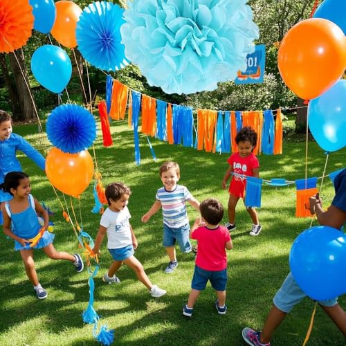 Blue and Orange Tissue Paper Tassel Garland - 20 Piece DIY Party Banner