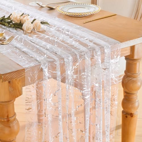 White Silver 3-Piece 29x120 Inch Metallic Foil Tulle Table Runners for Weddings & Parties