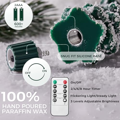 Snow Covered 4 Pack Flameless Christmas Tree Candles with Remote, 9.65 Inch LED Taper Candles