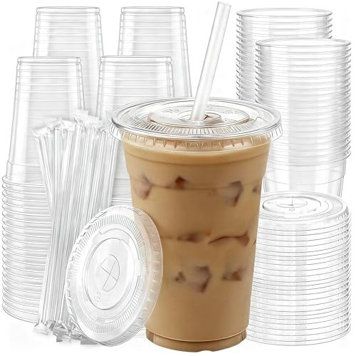 16 oz Clear Disposable Plastic Cups with Lids and Straws - 100 Pack