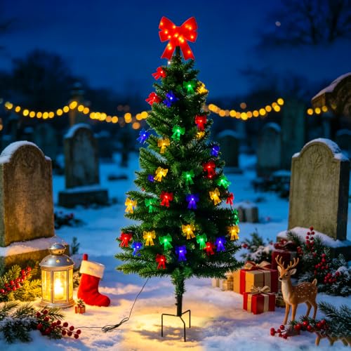 4ft Solar Christmas Tree with Bow Lights – Outdoor Garden Yard Decor (1 Pack, 50 Bow LEDs, IP65)