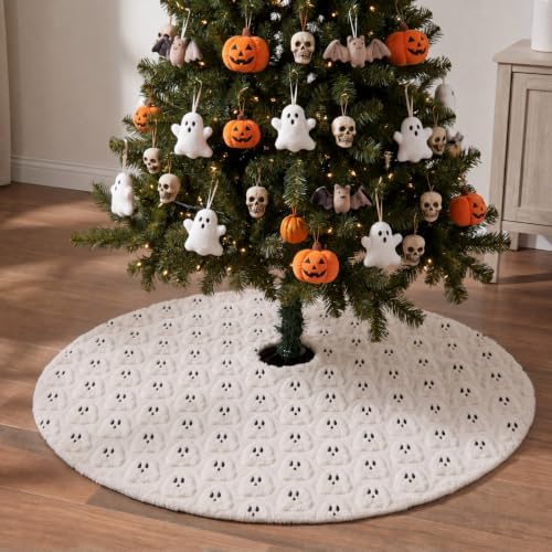 36-Inch Beige Halloween Ghost Tree Skirt - Soft Plush Faux Fur with 3D Ghosts