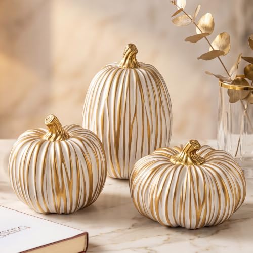 3-Piece Resin Pumpkin Decor Set, White and Gold Fall Table Centerpiece