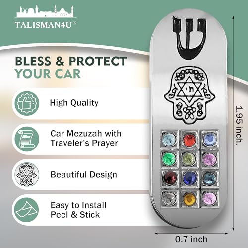 Car Mezuzah with Traveler's Prayer Scroll, Hamsa & Hoshen Stones
