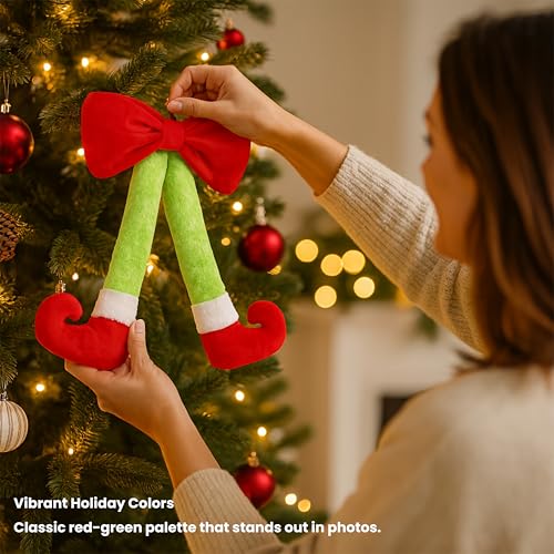 Plush Elf Legs Christmas Wreath Decoration with Red Bow - 15.7" Holiday Decor