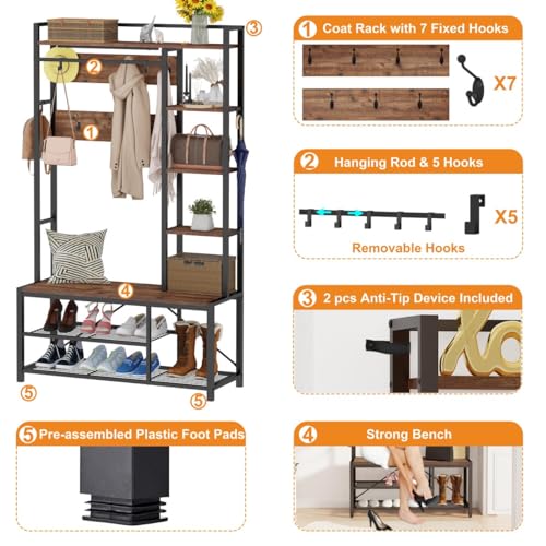 Rustic Hall Tree with Shoe Storage Bench and Coat Hooks, 5-Tier Shelves