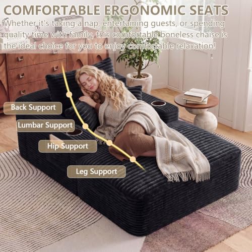 65" Oversized Corduroy Chaise Lounge Chair with Cup Holders and Pillows
