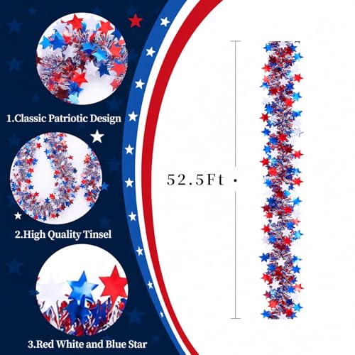 Patriotic Red White & Blue Star Tinsel Garland - 52.5ft 4th of July Decor