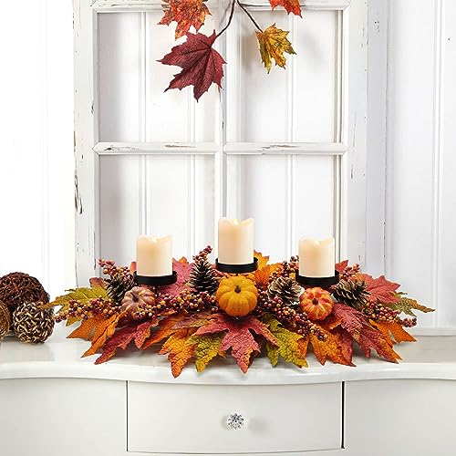 Fall Centerpiece for Dining Table with Artificial Pumpkins Berries and Leaves - 27.5 Inch