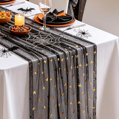 B-COOL Black Gold Bow Halloween Table Runner 3pcs 28x120in Tulle Gauze Decor