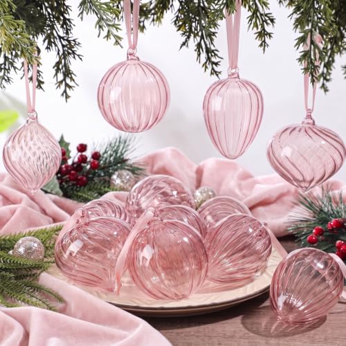 Light Pink Christmas Glass Ornaments Set - 12 Pcs 3.15 Inch Holiday Decorations