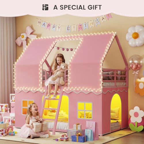 Twin Over Twin Metal Bunk Bed with LED Lights and Play Tent Curtains