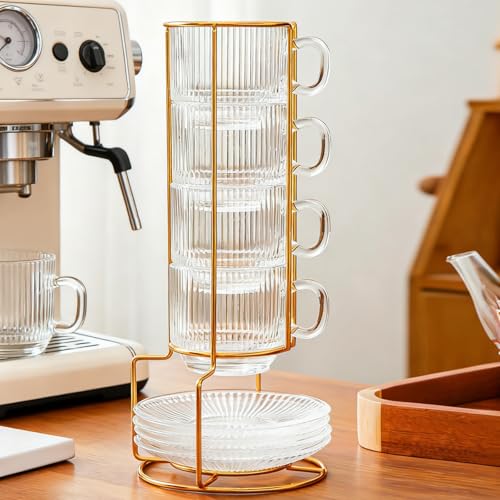 Set of 4 Clear Glass Espresso Cups with Saucers & Stand, 5.4 oz Coffee Mug Set