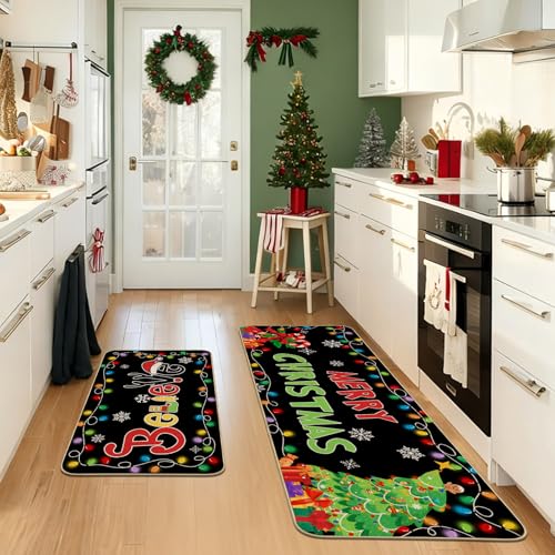 Mocsicka Christmas Kitchen Rugs Set of 2, 17x30 and 44x120 cm Non-Slip Decorative Mats