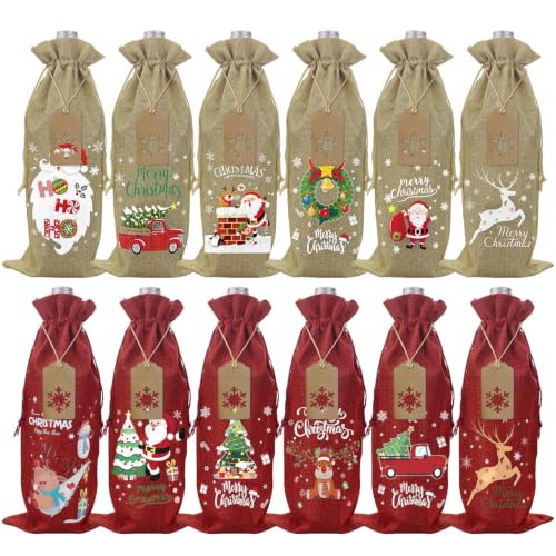 12 Pcs Christmas Wine Bags Reusable Jute Bottle Gift Wrap with Snowflake Prints