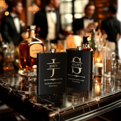Stepdiy Black Personalized Groomsmen Flasks Set of 5 - Custom Engraved 8oz Stainless Steel Wedding Gifts
