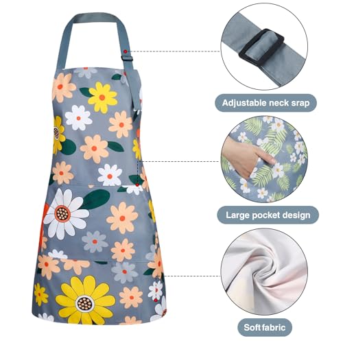 3-Pack Floral Waterproof Aprons with Pockets - Adjustable Kitchen Cooking Bib