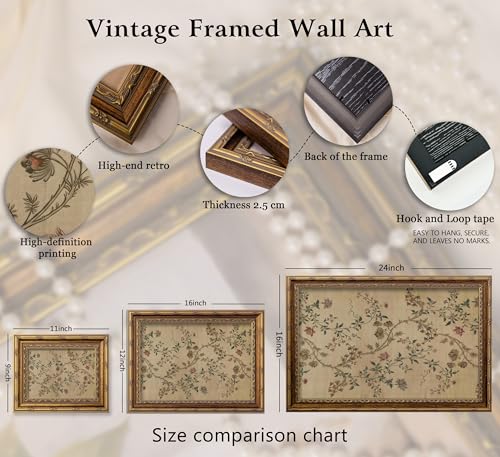 Vintage Gold Framed Floral Vine Wall Art Retro Beige Botanical Canvas 9x11