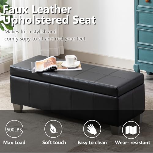 41-Inch Upholstered Storage Ottoman Bench with Safety Hinge, Black Faux Leather
