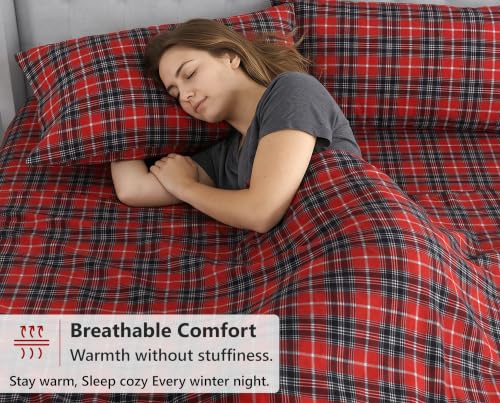 RUVANTI 100% Cotton Flannel Sheets Set Queen 4 PCs Red Plaid