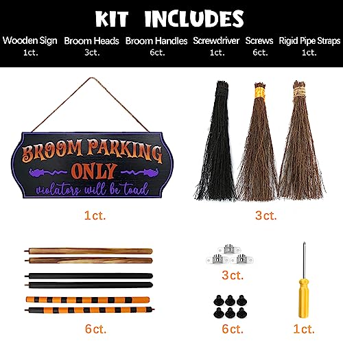 Halloween Broom Parking Sign with 3 Wooden Witch Brooms - Porch Wall Decor