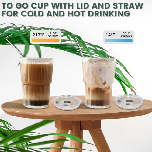 16 oz Ribbed Reusable Iced Coffee Cups with Lids and Straws - 4 Piece Set