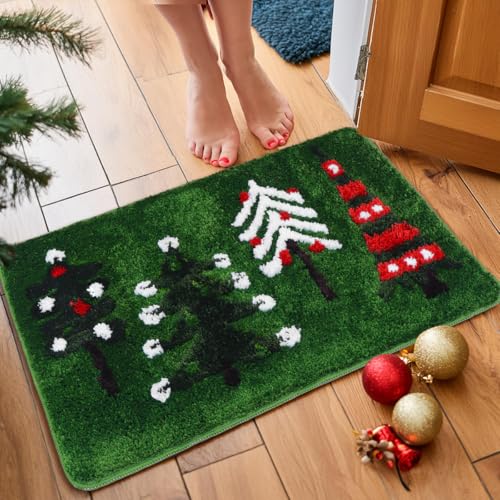 Christmas Bathroom Rug - Non-Slip Green Christmas Tree Bath Mat, Absorbent & Washable, 20x31 inches