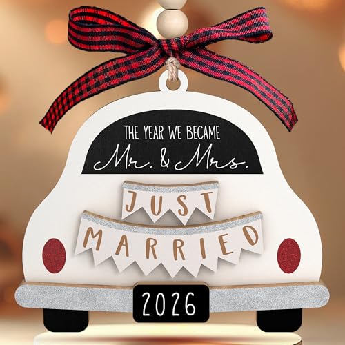 Mr and Mrs Wedding Ornament 2026 - Personalized Wooden Newlywed Keepsake