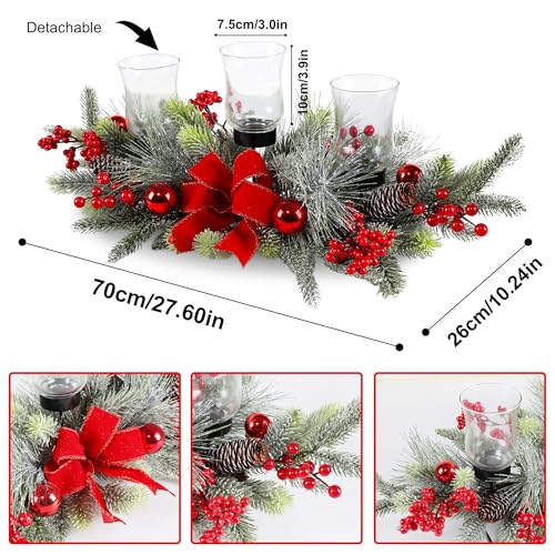 Red Christmas Table Centerpiece with 3 Glass Candle Holders & Berries