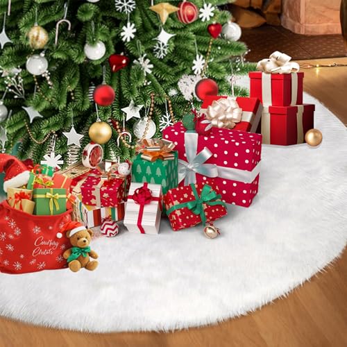 48-Inch White Faux Fur Christmas Tree Skirt - Plush Nordic Snow White