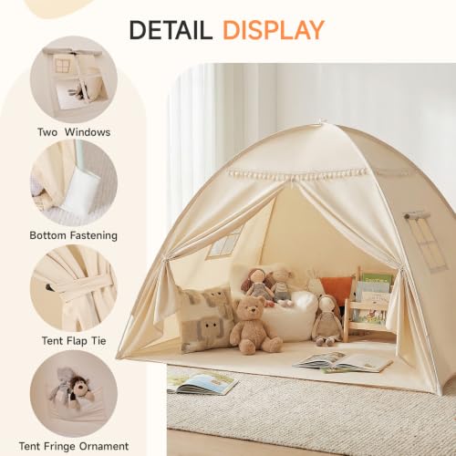 Kids Indoor Twin Bed Tent Canopy with Star Lights & Flags - Golden Beige