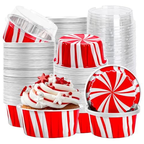 FYSUIMU 60 Pcs Christmas Aluminum Cupcake Liners with Lids 5oz - Red & White