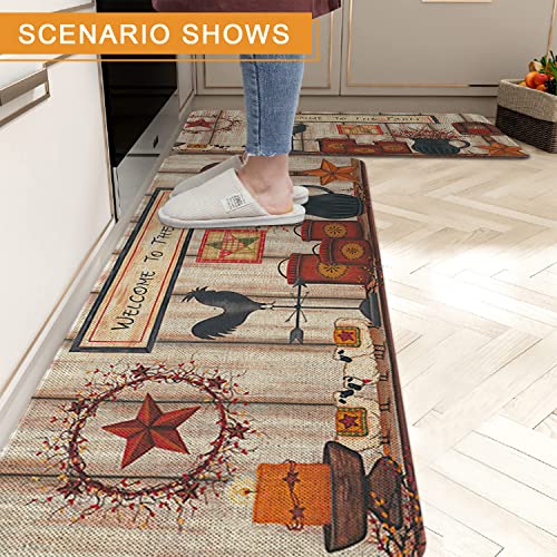 Farmhouse Rooster Kitchen Mat Set - Non-Slip Rustic Floor Rugs (2 Pack)