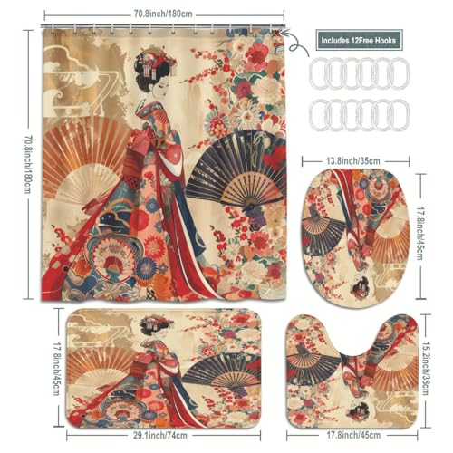 Japanese Geisha 4-Piece Bathroom Set with Shower Curtain & Bath Mat