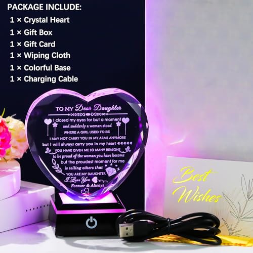 Daughter Gifts 2 with Colorful LED Base Heart Crystal from Mom Dad Birthday Christmas