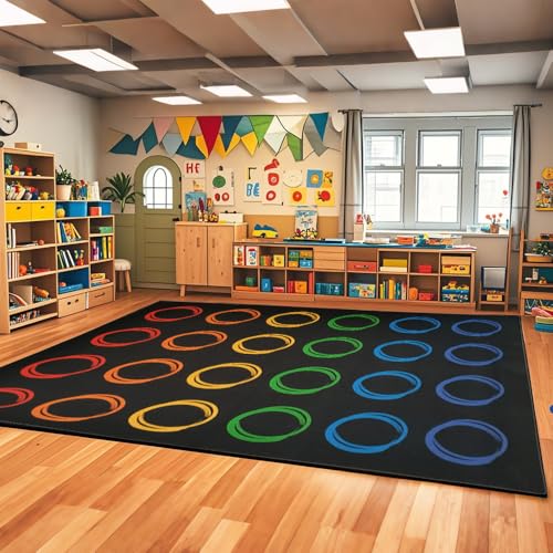 Large Classroom Seating Rug - 13' x 7'7" Colorful Circle Carpet for 24 Kids