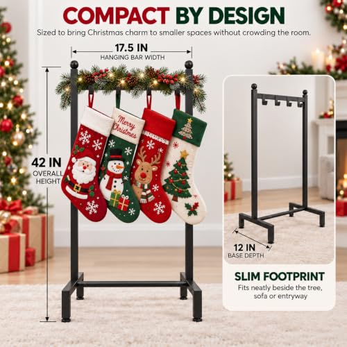 Christmas Stocking Holder Stand with 4 Hooks, Freestanding Metal Rack, 42 Inch Tall