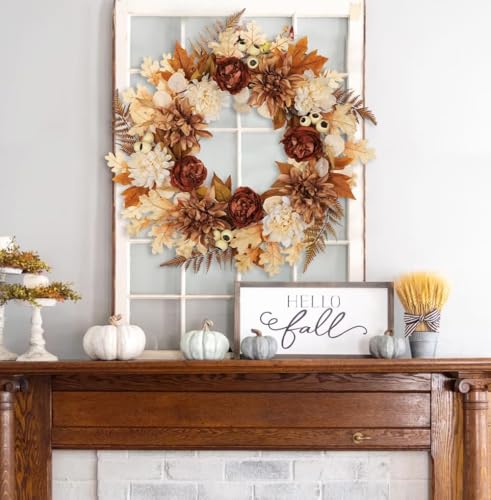 24-Inch Artificial Fall Wreath for Front Door, Autumn Floral Thanksgiving Decor